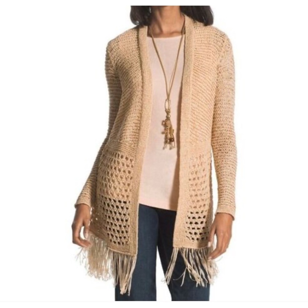 Chico's Travelers NEW Open Knit Fringe Crochet Cardigan Large Sweater Paris Pink